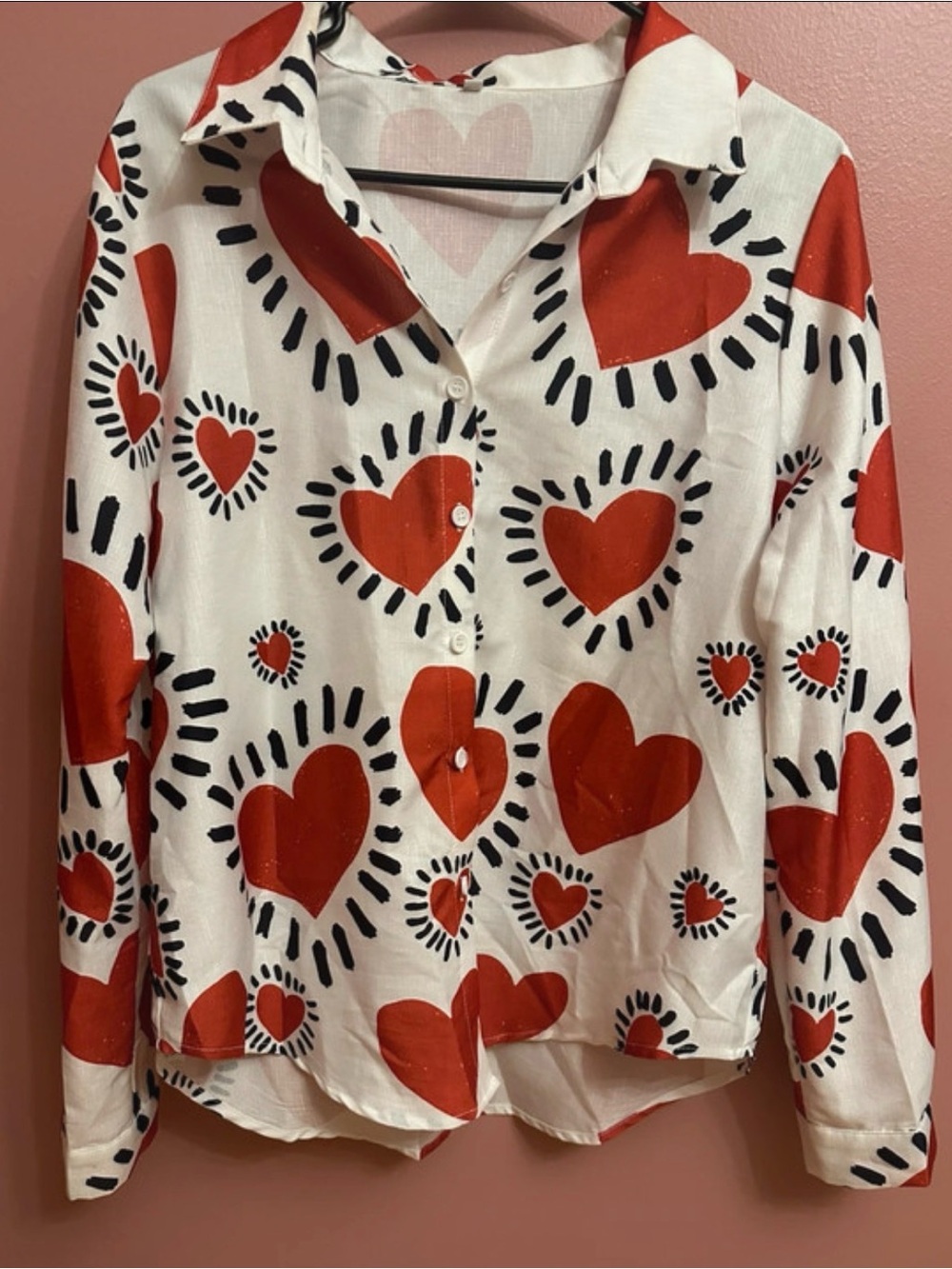 SHEIN White Button-Up Shirt with Red Heart Print